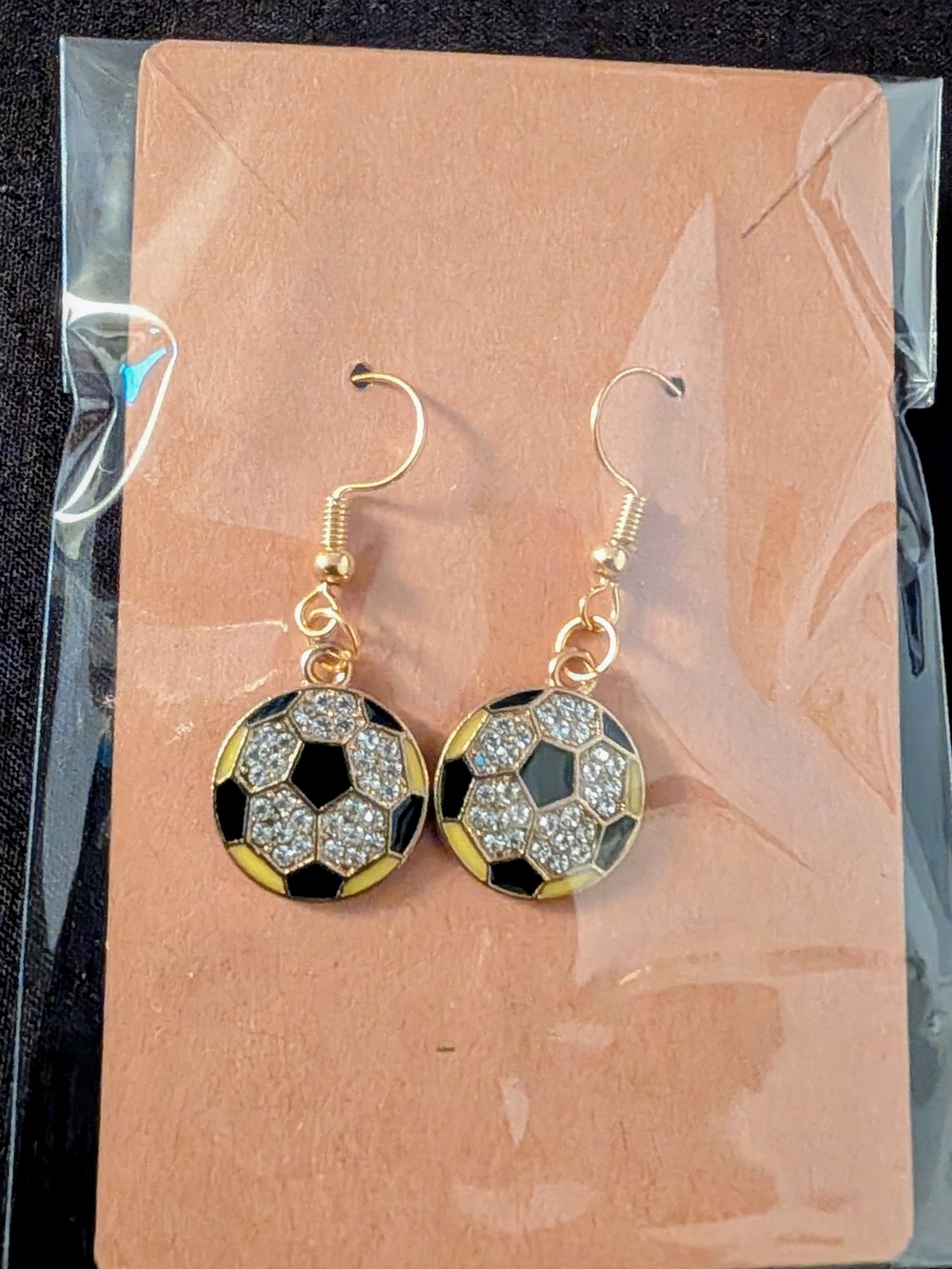 Hand Crafted Gold Black & Clear Crystal Soccer Ball Drop Earrings